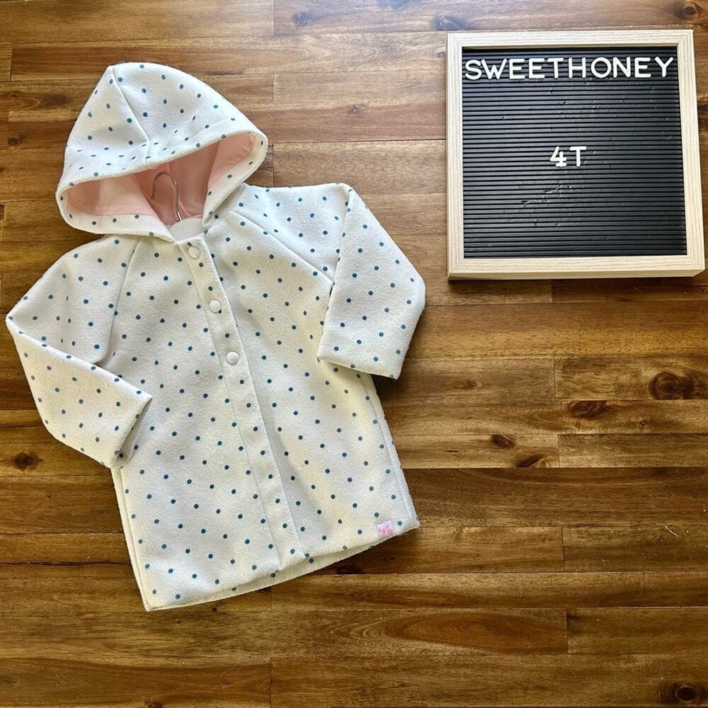 SweetHoney Cream and Blue Polka Dot Hooded Snap Front Jacket Toddler Girls 4T